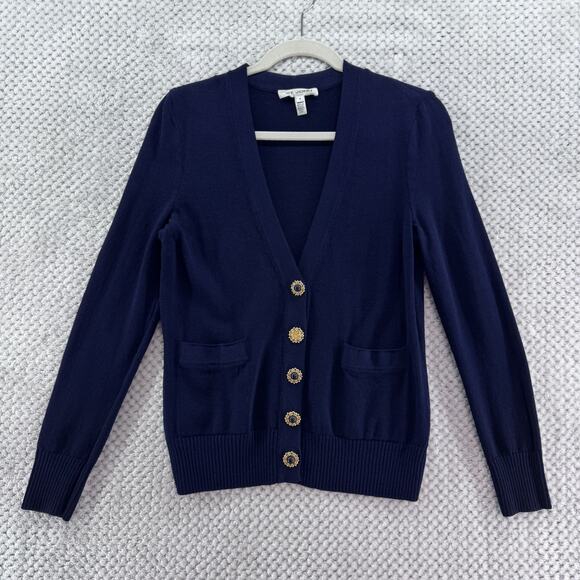 ST John Sweater Womens S Blue Santana Knit Stretch Cardigan V-Neck Button Front - Picture 1 of 14